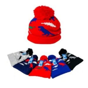 707444.jpg Child's Knitted Cuffed Winter Pompom Hat Dinosaurs
