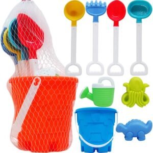 12 Sets 7-inch Beach Bucket W/ 5pc Acss In Peg Net Bag, 3 Assrt - Buckets & Basins