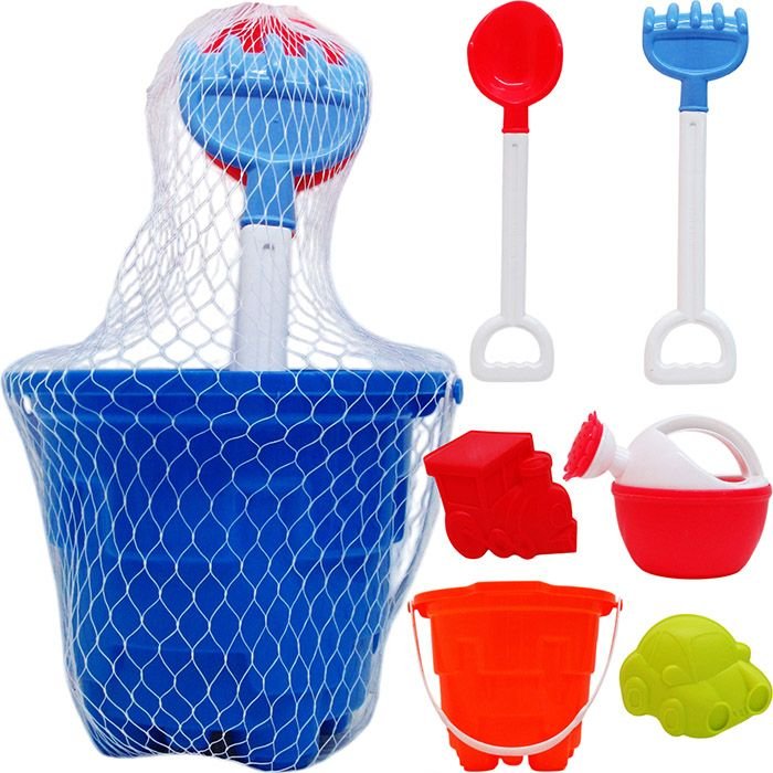 12 Sets 6.5-inch Beach Bucket W/ 5pc Acss In Peg Net Bag, 3 Assrt - Buckets & Basins