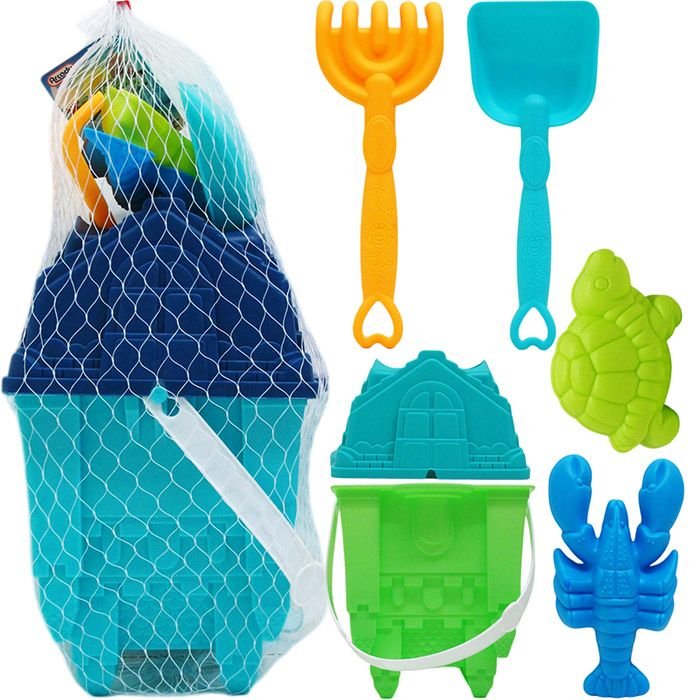 12 Sets 6.5-inch Beach Bucket W/ 5pc Acss In Peg Net Bag, 2 Assrt - Buckets & Basins
