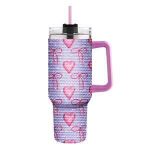 12 pieces 40 Oz Heart & Bow Print Stainless Steel Tumbler With Handle & Straw - Purple - Drinking Water Bottle