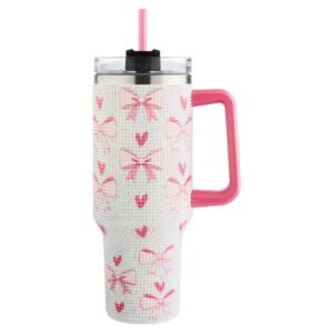 12 pieces 40 Oz Heart & Bow Print Stainless Steel Tumbler With Handle & Straw - Pink - Drinking Water Bottle