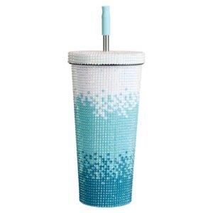 12 pieces Rhinestone Bling Insulated Tumbler With Lid And Straw - Aqua - Drinking Water Bottle