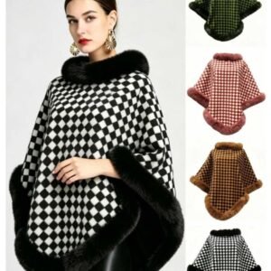 Checkered Cape With Faux Fur Trim