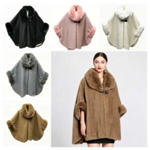 Women's Fur Collar Cape With Herringbone Pattern