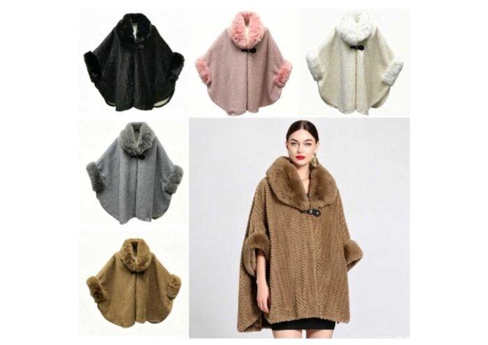 Women's Fur Collar Cape With Herringbone Pattern