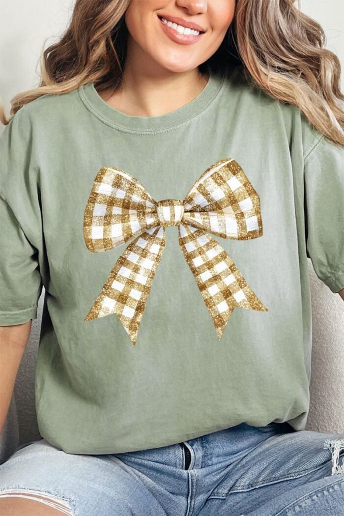Gold Gingham Bow Comfort Colors Adult Ring-Spun Cotton Tee