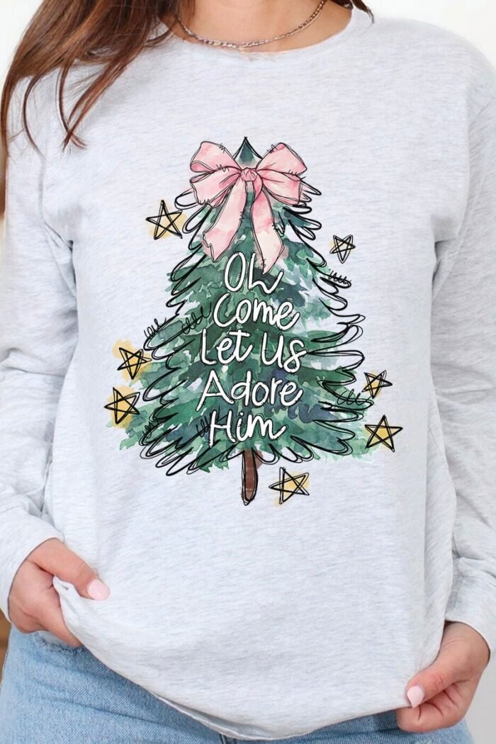 Christmas Tree Let Us Adore Him Heavy Cotton Long Sleeve Adult T-Shirt