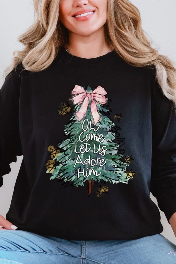 Christmas Tree Let Us Adore Him Heavy Cotton Long Sleeve Adult T-Shirt