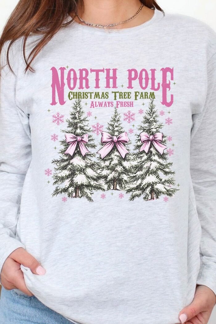 Pink North Pole Christmas Tree Farm Heavy Cotton Long Sleeve Adult T-Shirt