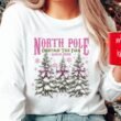 Pink North Pole Christmas Tree Farm Heavy Cotton Long Sleeve Adult T-Shirt