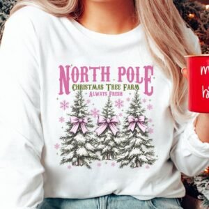 Pink North Pole Christmas Tree Farm Heavy Cotton Long Sleeve Adult T-Shirt