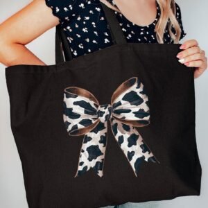Cow Print Coquette Bow Canvas Jumbo Tote