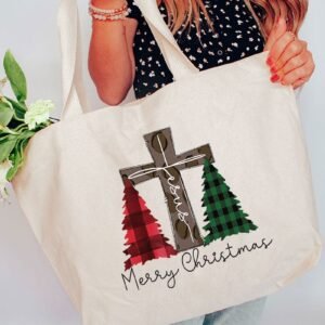 Cross Trees Merry Christmas Canvas Jumbo Tote