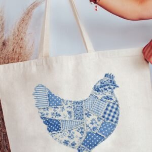 Faux Patchwork Blue Chicken Canvas Jumbo Tote