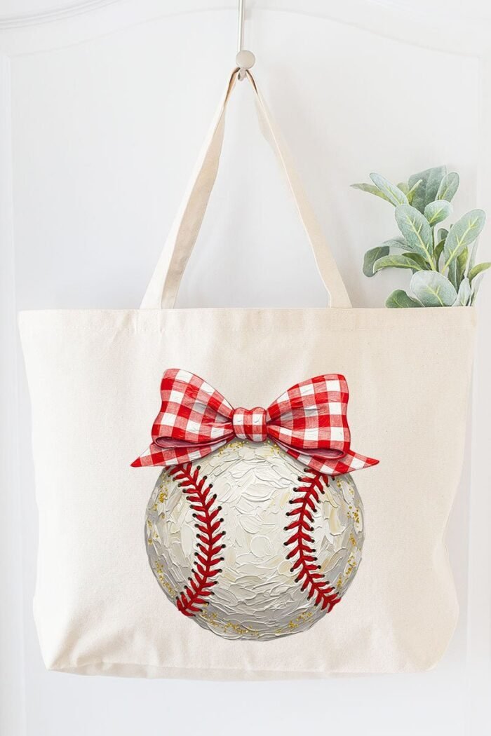 Painted Baseball Bow Canvas Jumbo Tote