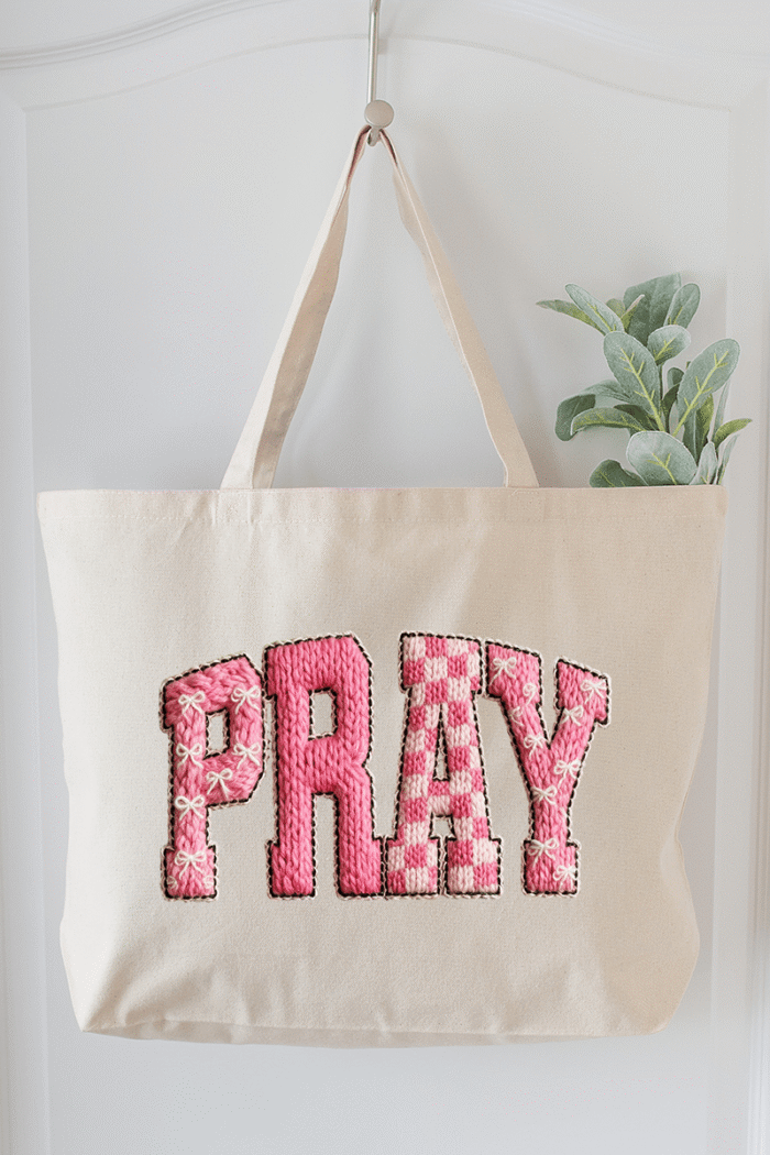 Pink Faux Yarn Coquette Pray Canvas Jumbo Tote