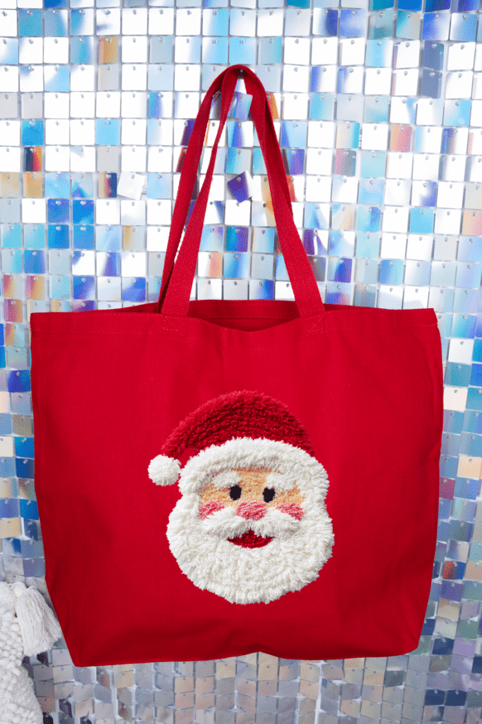 Faux Yarn Stitched With Cheer Santa Canvas Jumbo Tote
