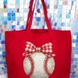Painted Baseball Bow Canvas Jumbo Tote