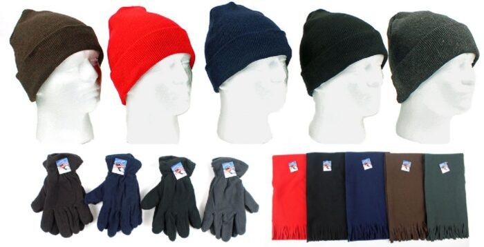 Cuffed Winter Knit Hats, Men's Fleece Gloves, And Assorted Scarves