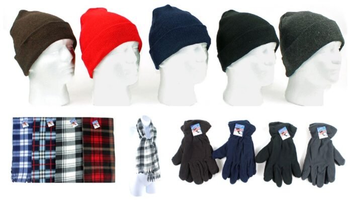 v374300962_s.jpg Cuffed Winter Hats, Fleece Gloves, And Checkered Scarves Combo Packs